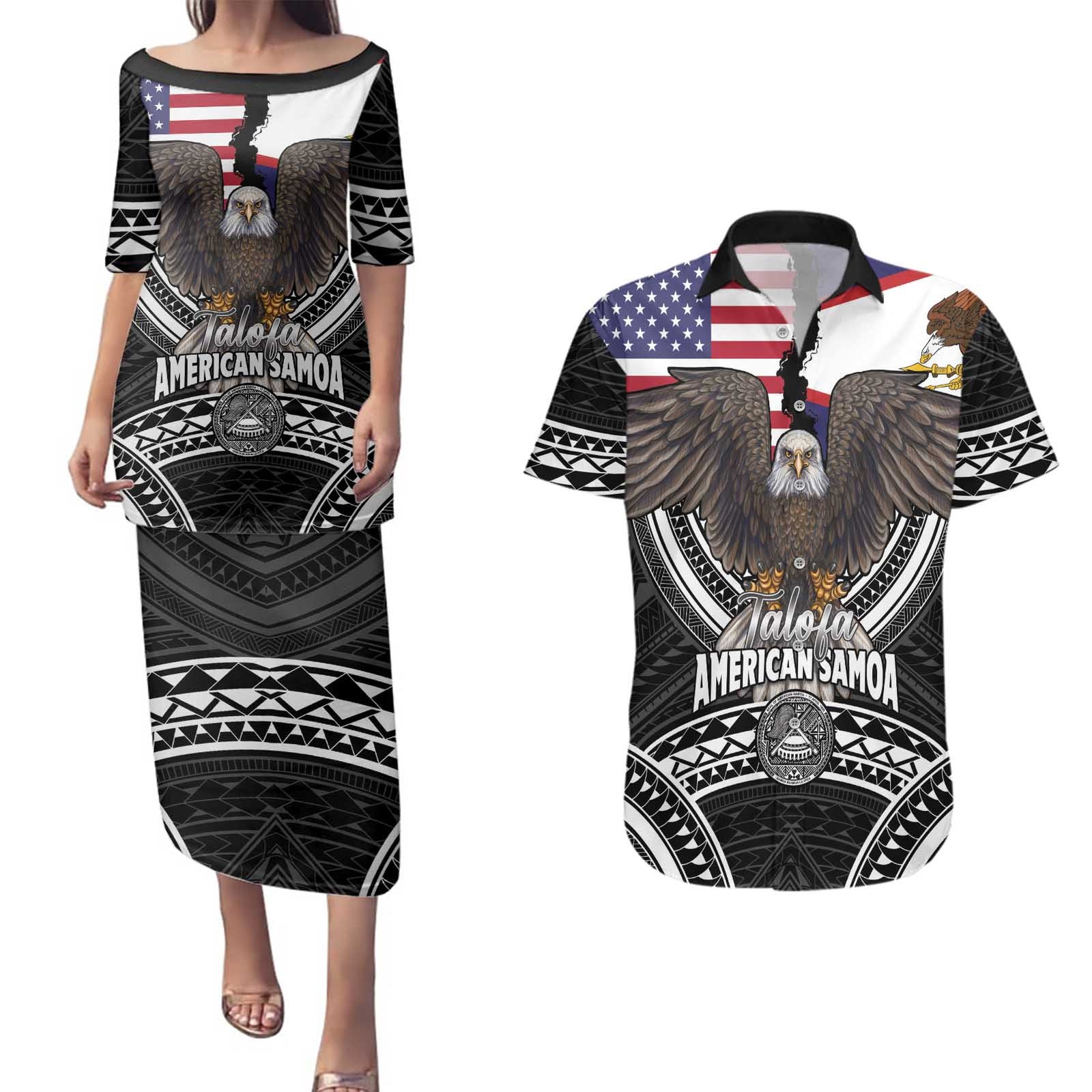 Talofa American Samoa Flag Day Couples Matching Puletasi and Hawaiian Shirt Bald Eagle Polynesian Tattoo LT14 Black - Polynesian Pride