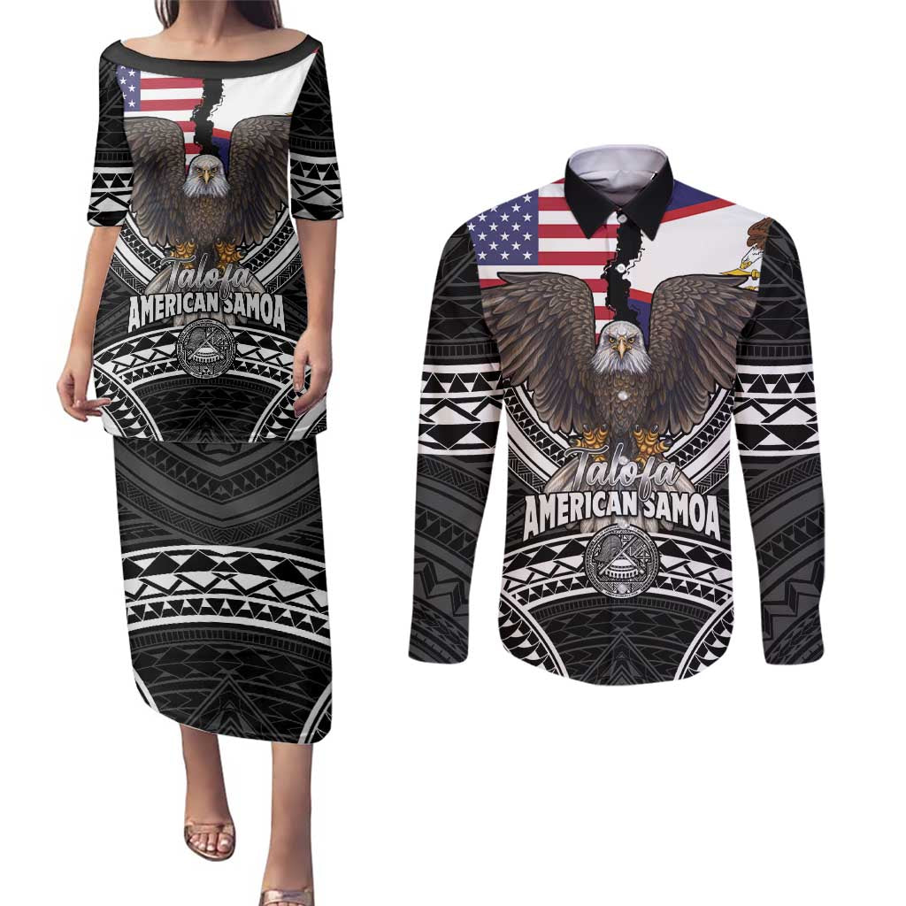 Talofa American Samoa Flag Day Couples Matching Puletasi and Long Sleeve Button Shirt Bald Eagle Polynesian Tattoo LT14 Black - Polynesian Pride
