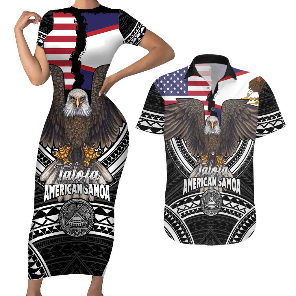 Talofa American Samoa Flag Day Couples Matching Short Sleeve Bodycon Dress and Hawaiian Shirt Bald Eagle Polynesian Tattoo LT14 Black - Polynesian Pride