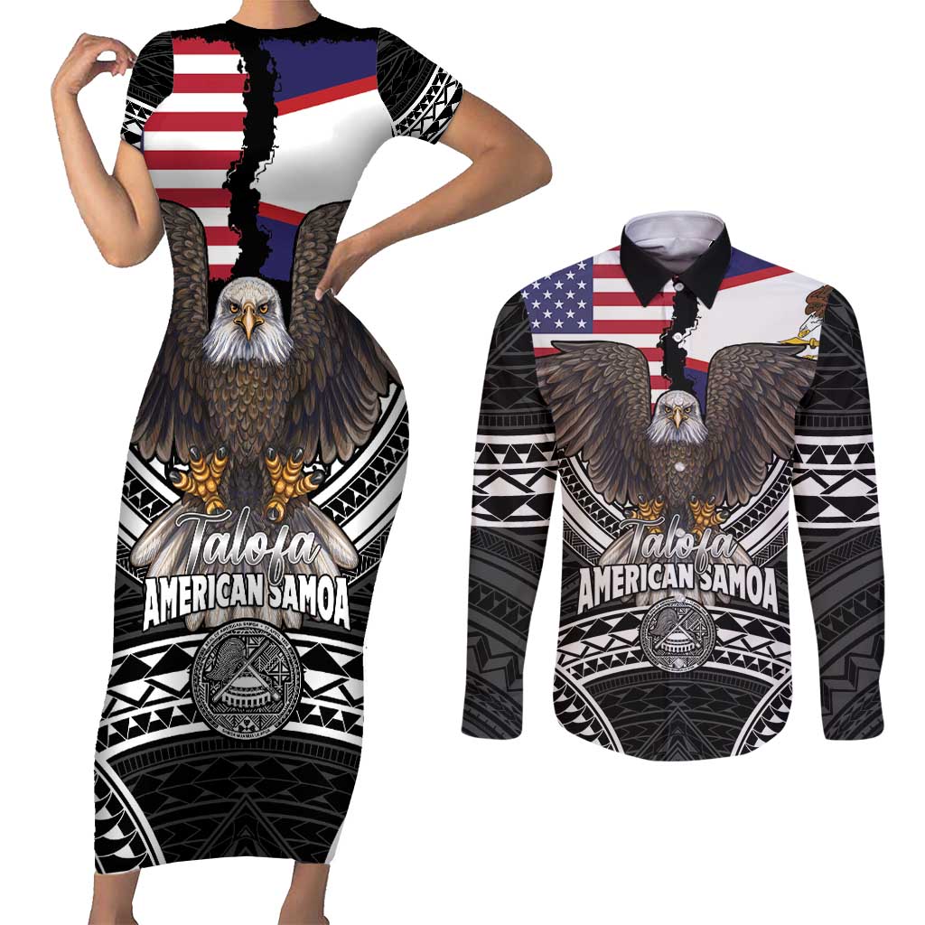 Talofa American Samoa Flag Day Couples Matching Short Sleeve Bodycon Dress and Long Sleeve Button Shirt Bald Eagle Polynesian Tattoo LT14 Black - Polynesian Pride