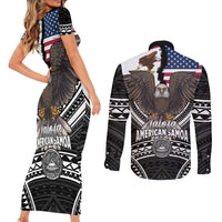 Talofa American Samoa Flag Day Couples Matching Short Sleeve Bodycon Dress and Long Sleeve Button Shirt Bald Eagle Polynesian Tattoo LT14 - Polynesian Pride