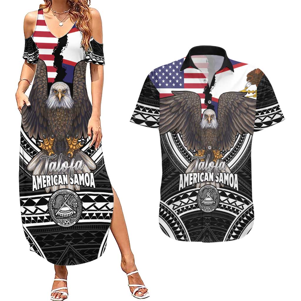 Talofa American Samoa Flag Day Couples Matching Summer Maxi Dress and Hawaiian Shirt Bald Eagle Polynesian Tattoo LT14 Black - Polynesian Pride