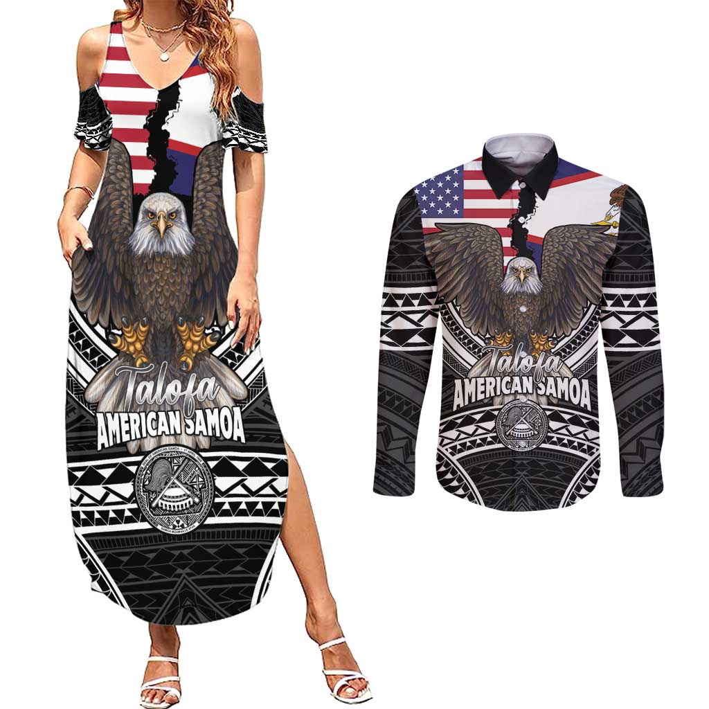 Talofa American Samoa Flag Day Couples Matching Summer Maxi Dress and Long Sleeve Button Shirt Bald Eagle Polynesian Tattoo LT14 Black - Polynesian Pride