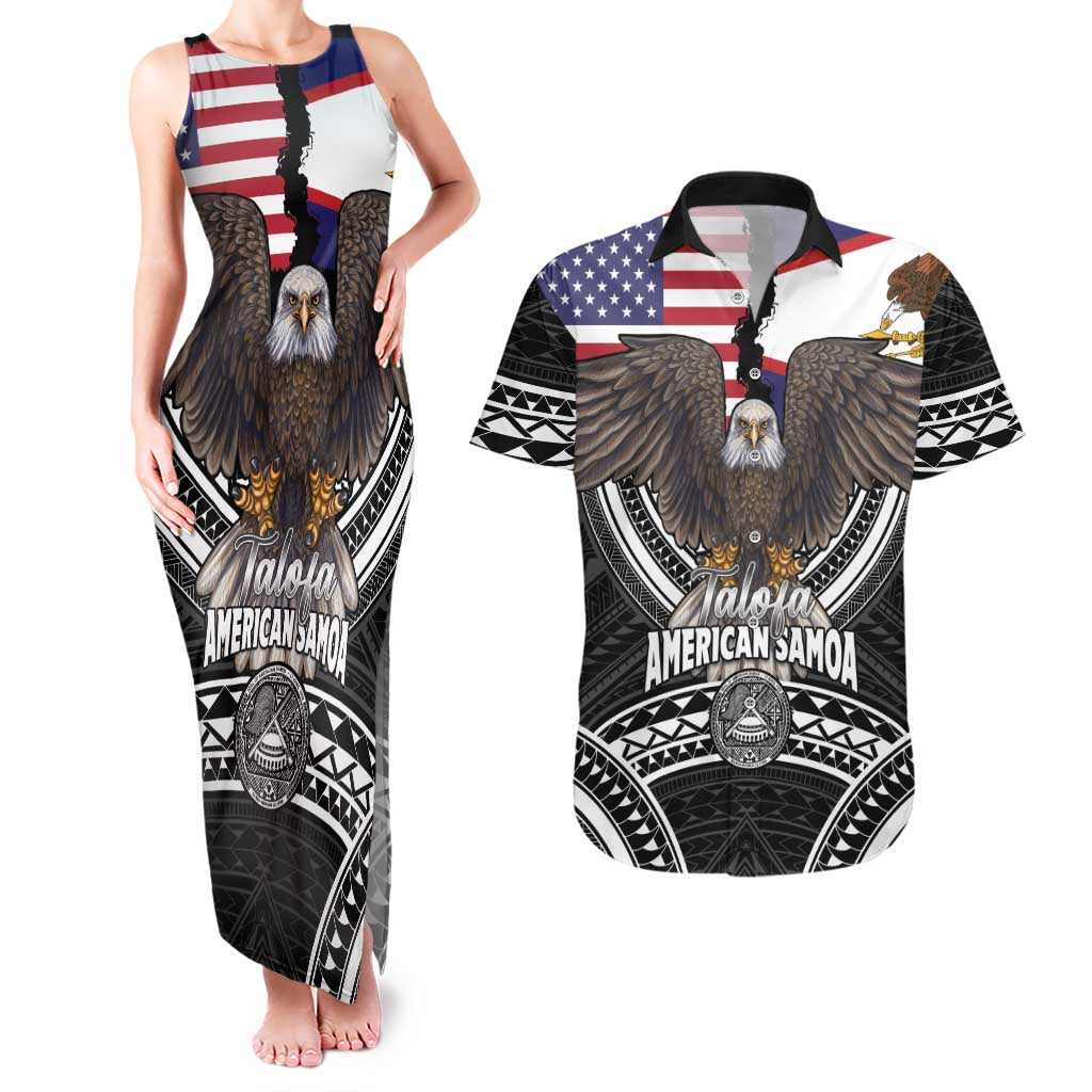 Talofa American Samoa Flag Day Couples Matching Tank Maxi Dress and Hawaiian Shirt Bald Eagle Polynesian Tattoo LT14 Black - Polynesian Pride
