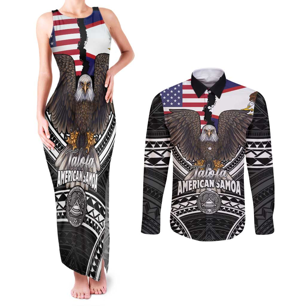 Talofa American Samoa Flag Day Couples Matching Tank Maxi Dress and Long Sleeve Button Shirt Bald Eagle Polynesian Tattoo LT14 Black - Polynesian Pride