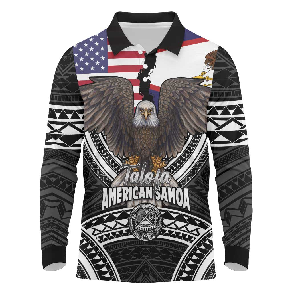 Talofa American Samoa Flag Day Long Sleeve Polo Shirt Bald Eagle Polynesian Tattoo LT14 Black - Polynesian Pride