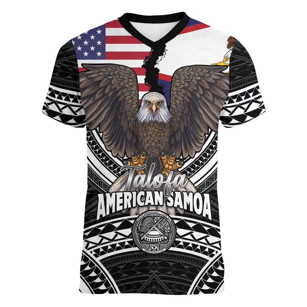 Talofa American Samoa Flag Day Women V-Neck T-Shirt Bald Eagle Polynesian Tattoo LT14 Female Black - Polynesian Pride