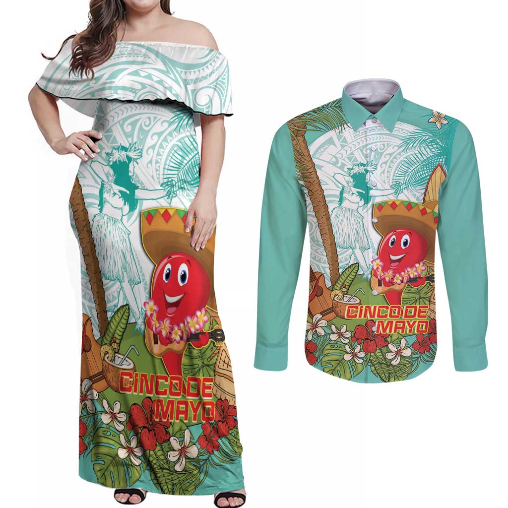 Hawaii Cinco de Mayo Couples Matching Off Shoulder Maxi Dress and Long Sleeve Button Shirt Chili Pepper Hula Girl Tropical Vibes