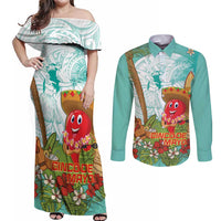 Hawaii Cinco de Mayo Couples Matching Off Shoulder Maxi Dress and Long Sleeve Button Shirt Chili Pepper Hula Girl Tropical Vibes