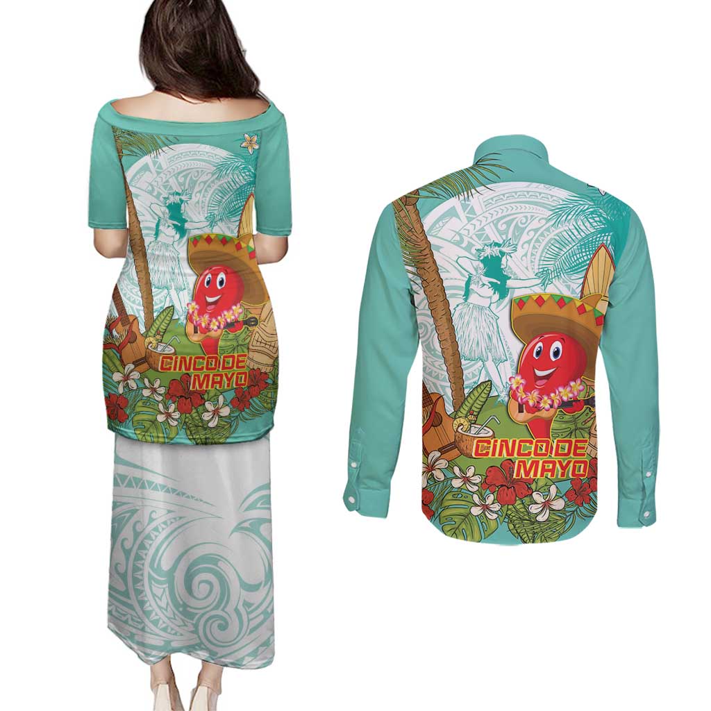 Hawaii Cinco de Mayo Couples Matching Puletasi and Long Sleeve Button Shirt Chili Pepper Hula Girl Tropical Vibes