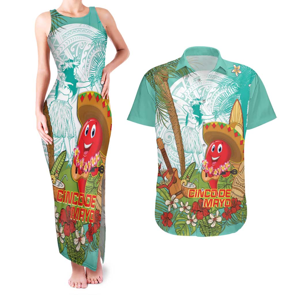 Hawaii Cinco de Mayo Couples Matching Tank Maxi Dress and Hawaiian Shirt Chili Pepper Hula Girl Tropical Vibes