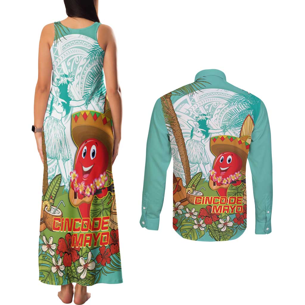 Hawaii Cinco de Mayo Couples Matching Tank Maxi Dress and Long Sleeve Button Shirt Chili Pepper Hula Girl Tropical Vibes