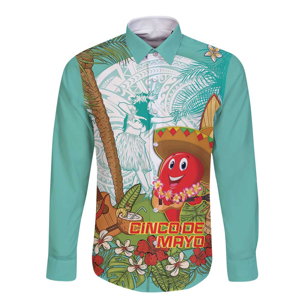 Hawaii Cinco de Mayo Long Sleeve Button Shirt Chili Pepper Hula Girl Tropical Vibes