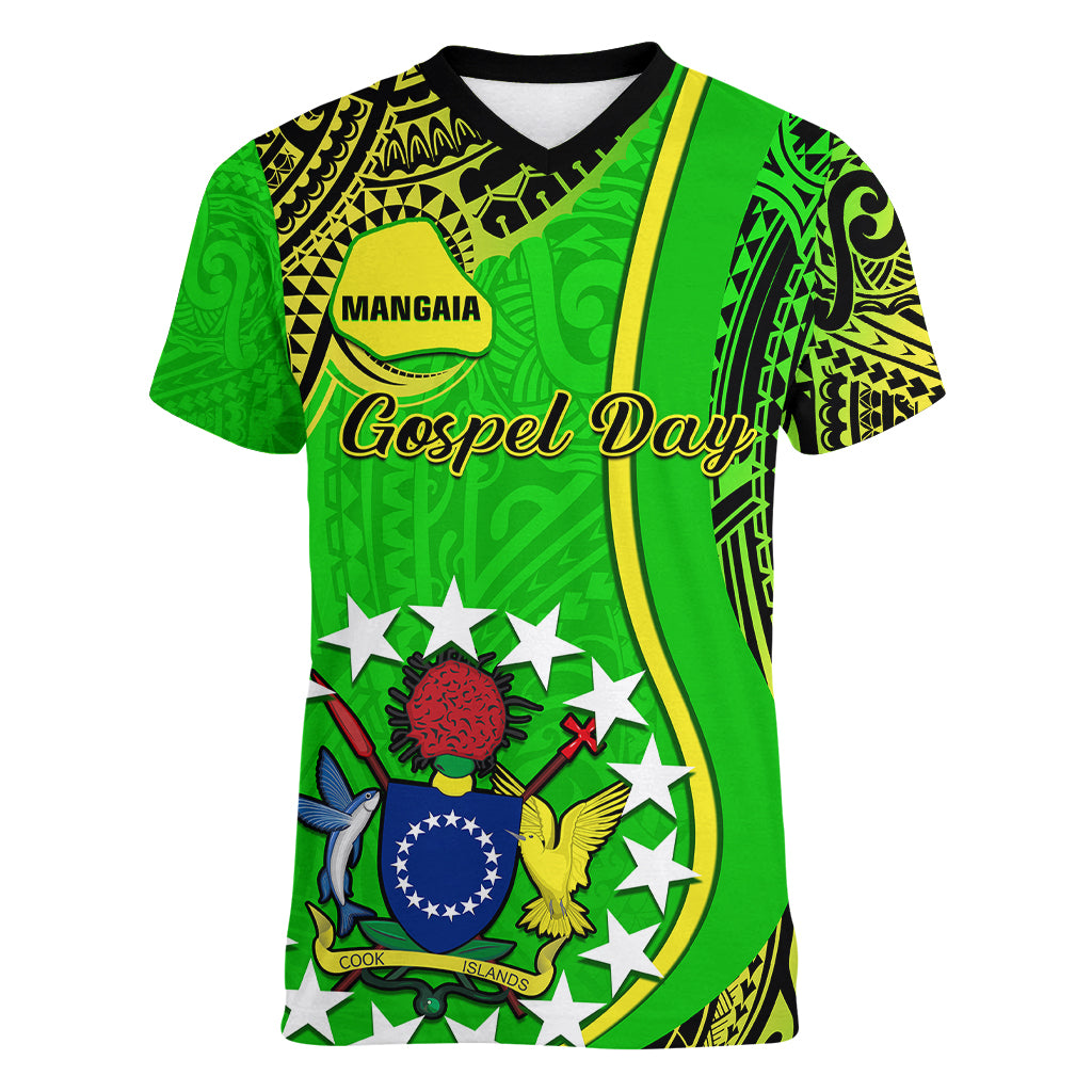Personalised Cook Islands Women V Neck T Shirt Mangaia Gospel Day Green Version LT14 - Polynesian Pride