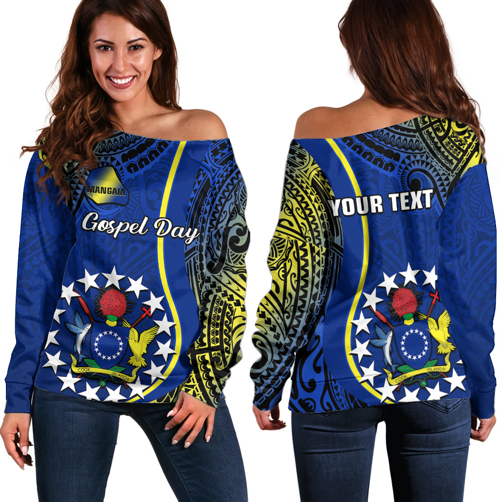 Personalised Cook Islands Off Shoulder Sweater Mangaia Gospel Day Blue Version LT14 Women Blue - Polynesian Pride