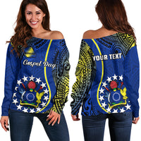 Personalised Cook Islands Off Shoulder Sweater Mangaia Gospel Day Blue Version LT14 Women Blue - Polynesian Pride
