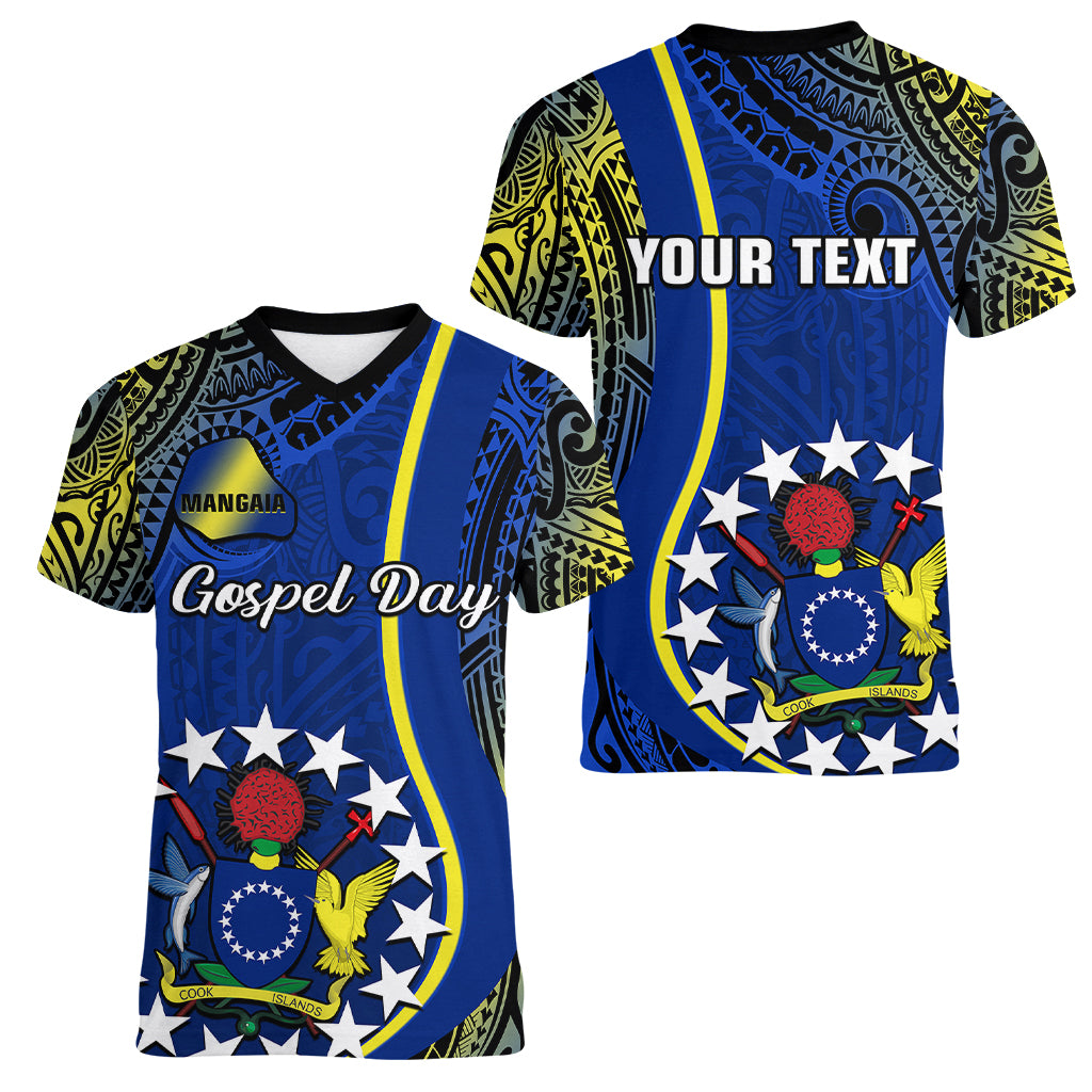 Personalised Cook Islands Women V Neck T Shirt Mangaia Gospel Day Blue Version LT14 Female Blue - Polynesian Pride