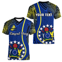 Personalised Cook Islands Women V Neck T Shirt Mangaia Gospel Day Blue Version LT14 Female Blue - Polynesian Pride