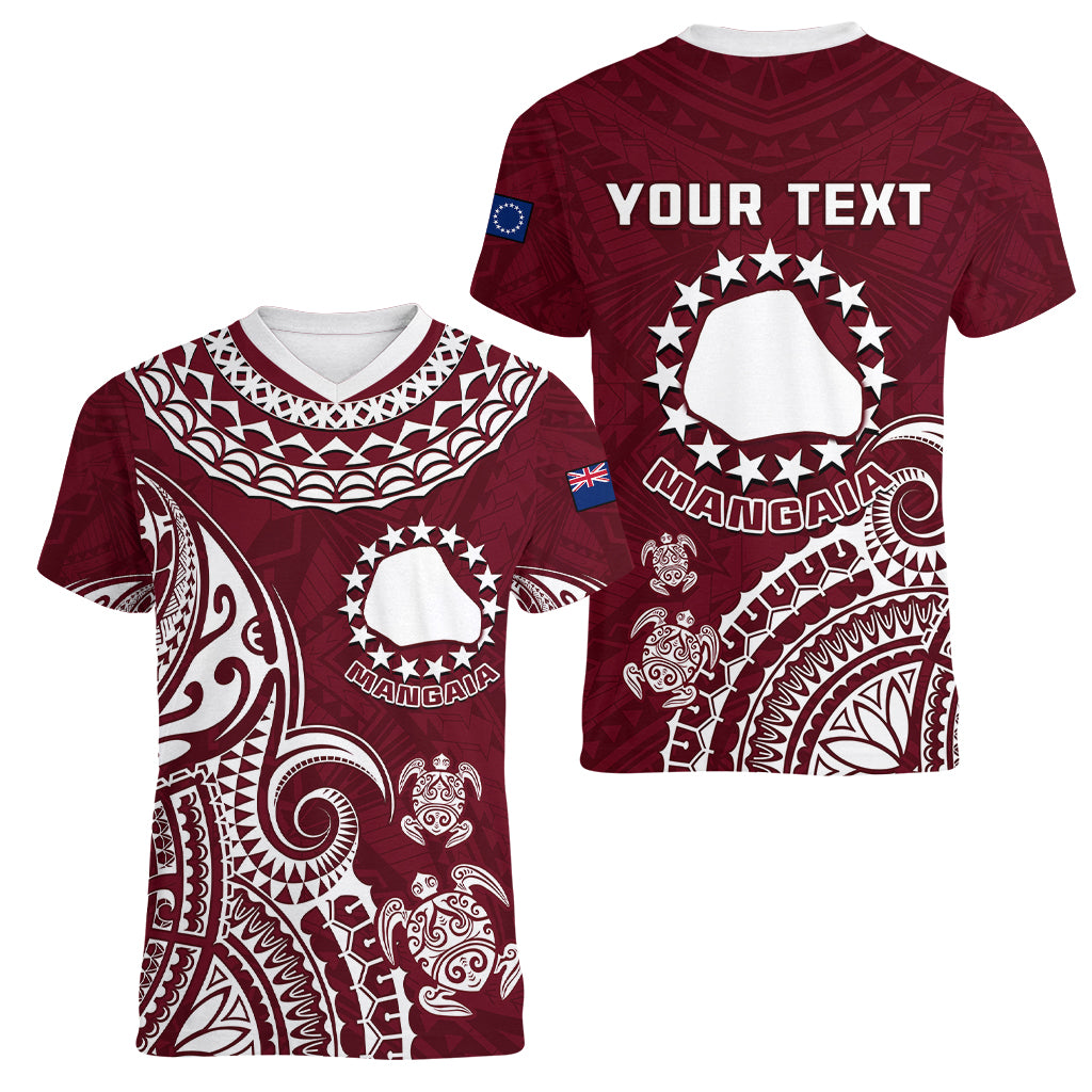 Personalised Mangaia Cook Islands Women V Neck T Shirt Polynesian Sea Turtle LT14 Female Maroon - Polynesian Pride