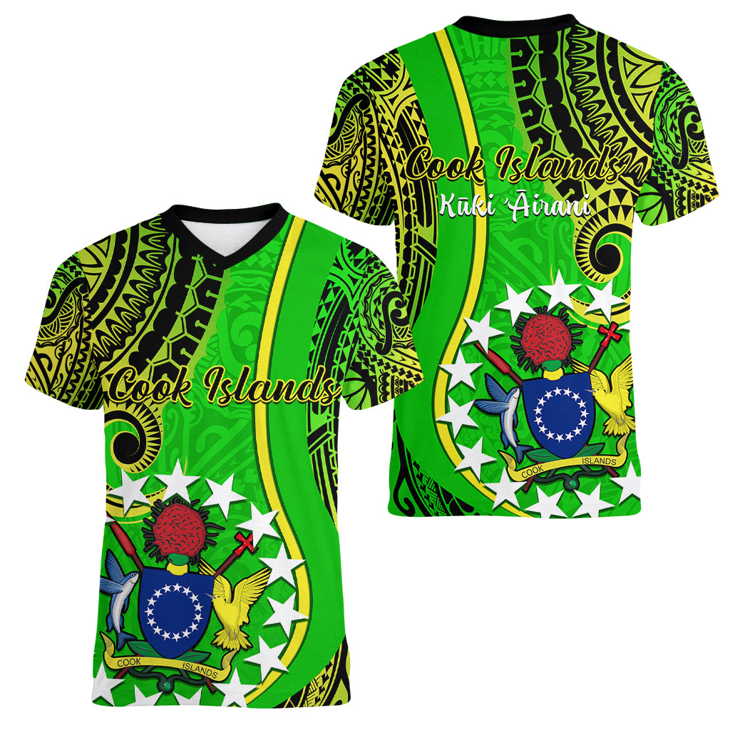 Polynesian Pride Cook Islands Women V Neck T Shirt Kuki Airani Coat Of Arms LT14 Female Green - Polynesian Pride