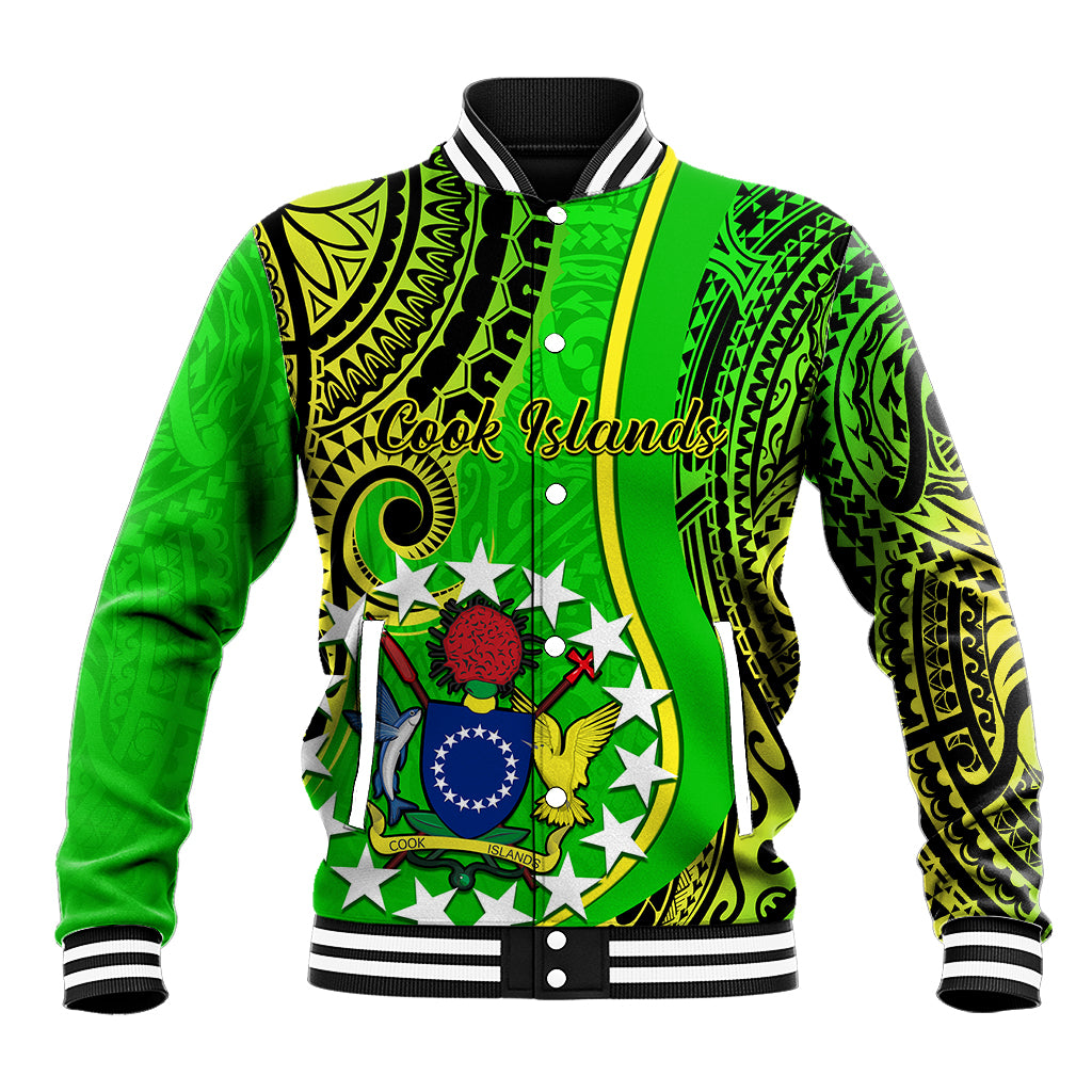 Personalised Cook Islands Baseball Jacket Kuki Airani Coat Of Arms LT14 Unisex Green - Polynesian Pride