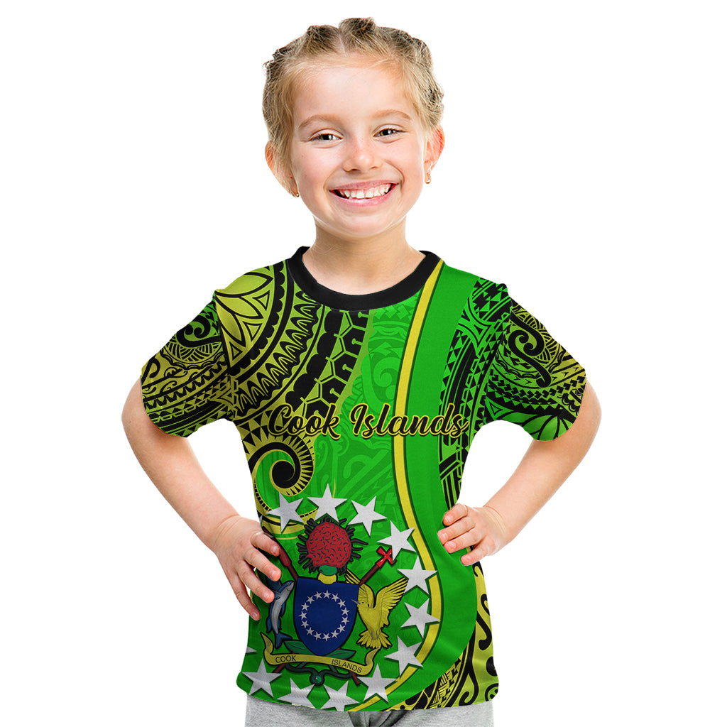 Personalised Cook Islands Kid T Shirt Kuki Airani Coat Of Arms LT14 Green - Polynesian Pride