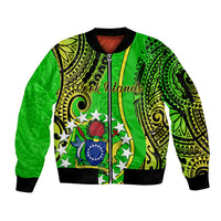 Personalised Cook Islands Sleeve Zip Bomber Jacket Kuki Airani Coat Of Arms LT14 Unisex Green - Polynesian Pride