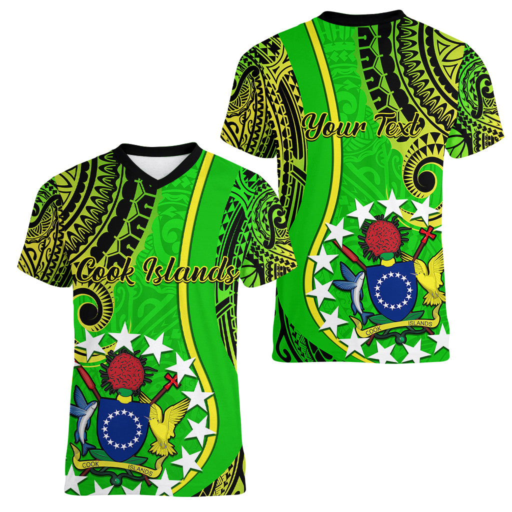 Personalised Cook Islands Women V Neck T Shirt Kuki Airani Coat Of Arms LT14 Female Green - Polynesian Pride