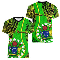 Personalised Cook Islands Women V Neck T Shirt Kuki Airani Coat Of Arms LT14 Female Green - Polynesian Pride
