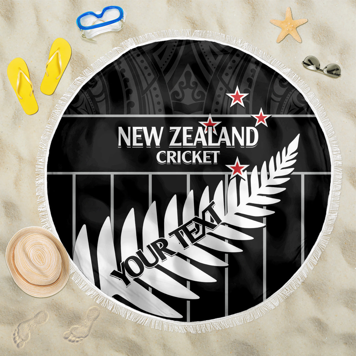 Custom New Zealand Silver Fern Cricket Beach Blanket Aotearoa Maori Go Black Cap