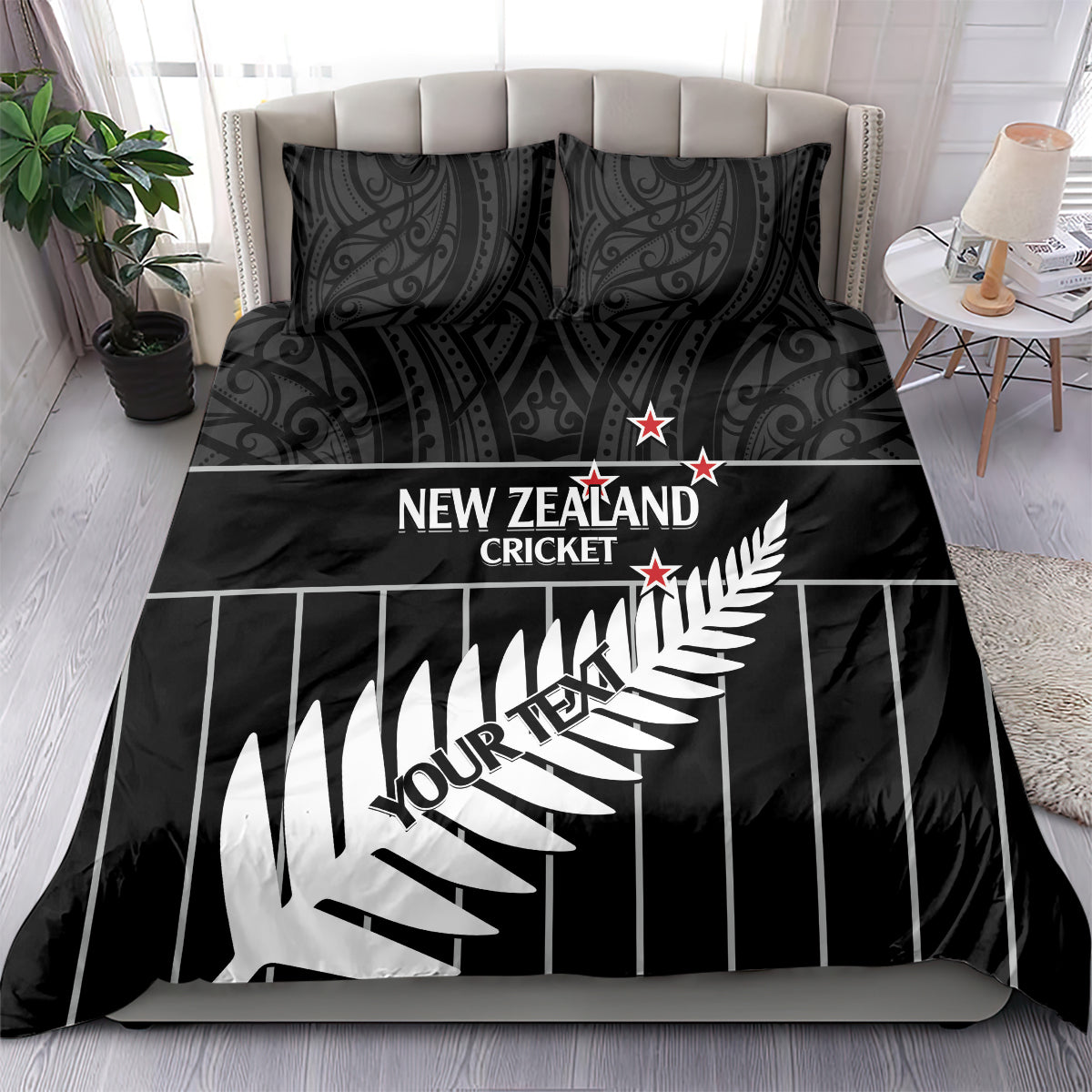 Custom New Zealand Silver Fern Cricket Bedding Set Aotearoa Maori Go Black Cap
