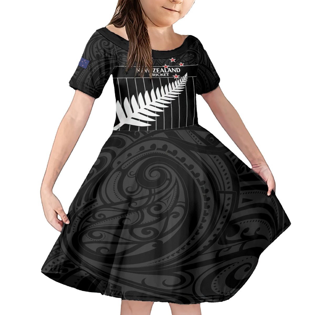 Custom New Zealand Silver Fern Cricket Family Matching Long Sleeve Bodycon Dress and Hawaiian Shirt Aotearoa Maori Go Black Cap LT14 Daughter's Dress Black - Polynesian Pride