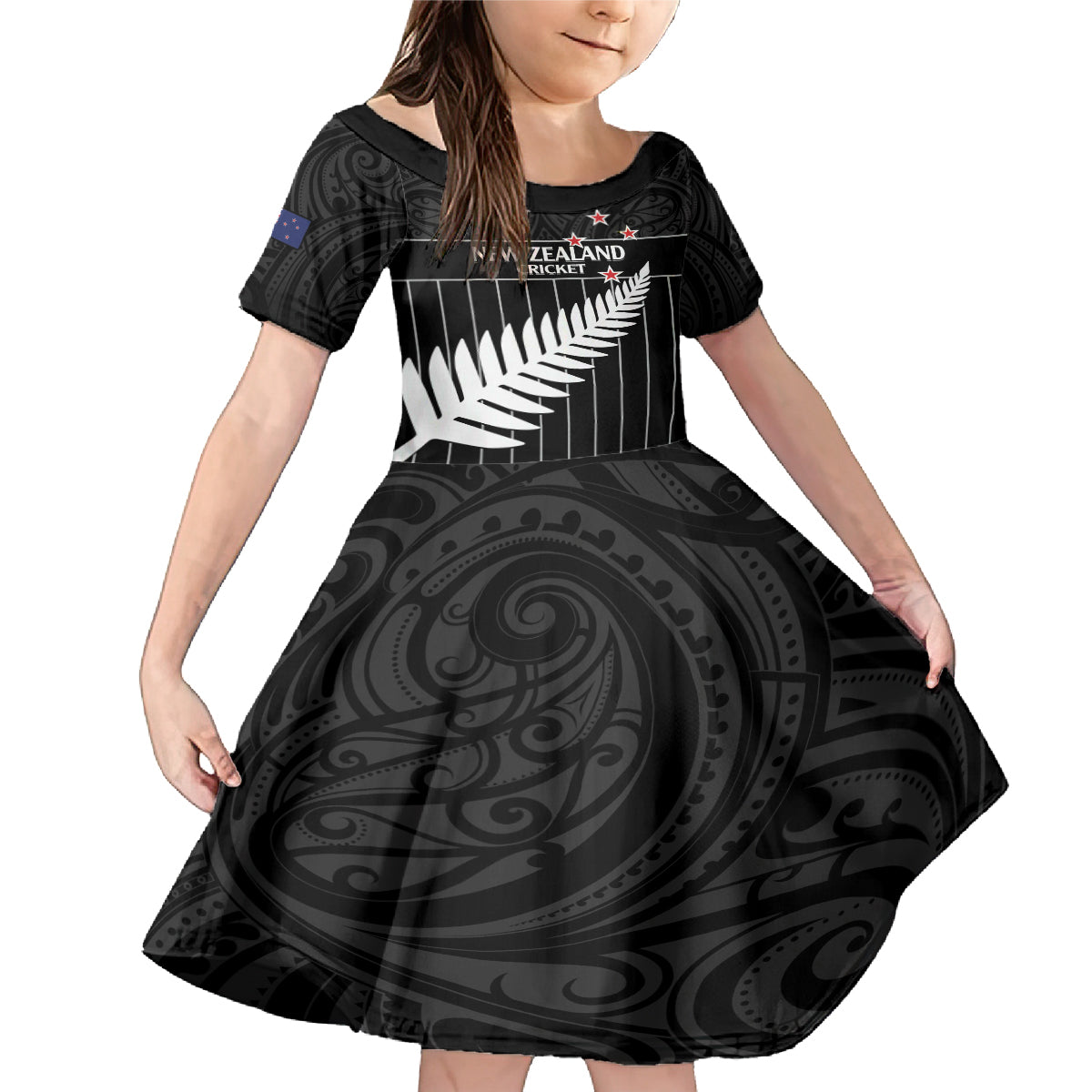 Custom New Zealand Silver Fern Cricket Family Matching Mermaid Dress and Hawaiian Shirt Aotearoa Maori Go Black Cap
