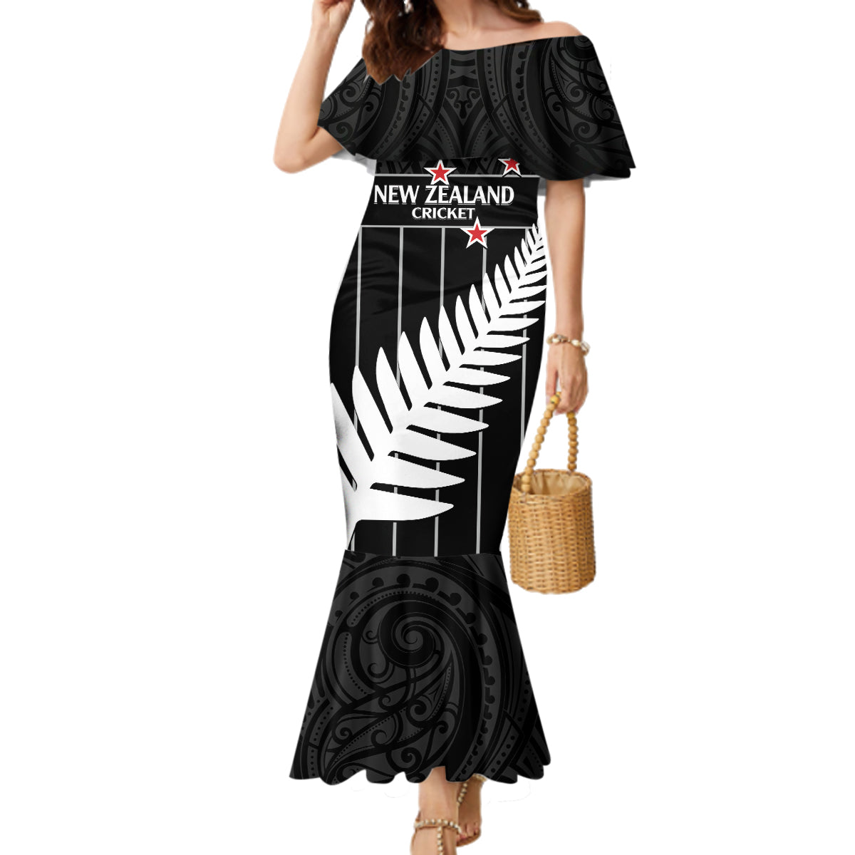 Custom New Zealand Silver Fern Cricket Family Matching Mermaid Dress and Hawaiian Shirt Aotearoa Maori Go Black Cap