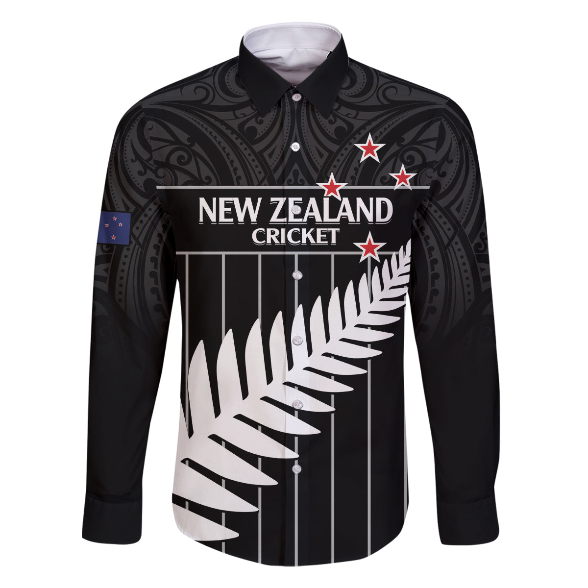 Custom New Zealand Silver Fern Cricket Family Matching Off The Shoulder Long Sleeve Dress and Hawaiian Shirt Aotearoa Maori Go Black Cap LT14 Dad's Shirt - Long Sleeve Black - Polynesian Pride