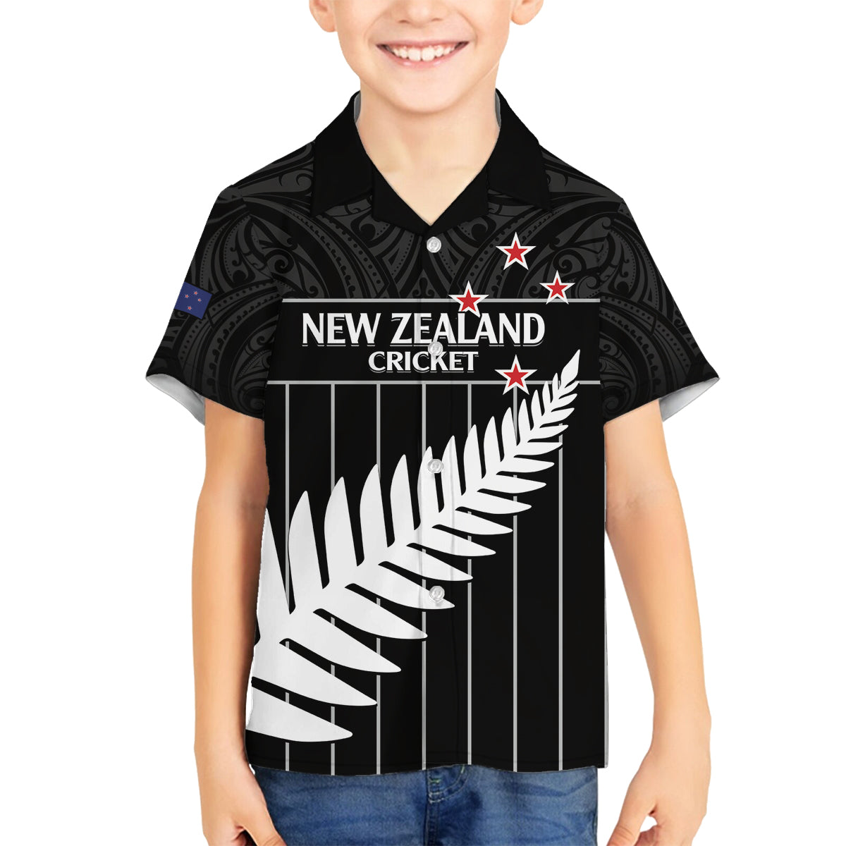 Custom New Zealand Silver Fern Cricket Family Matching Off The Shoulder Long Sleeve Dress and Hawaiian Shirt Aotearoa Maori Go Black Cap LT14 Son's Shirt Black - Polynesian Pride