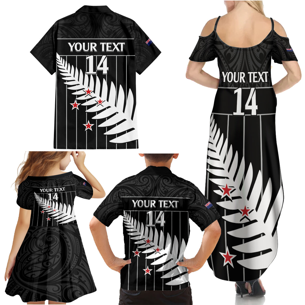 Custom New Zealand Silver Fern Cricket Family Matching Summer Maxi Dress and Hawaiian Shirt Aotearoa Maori Go Black Cap