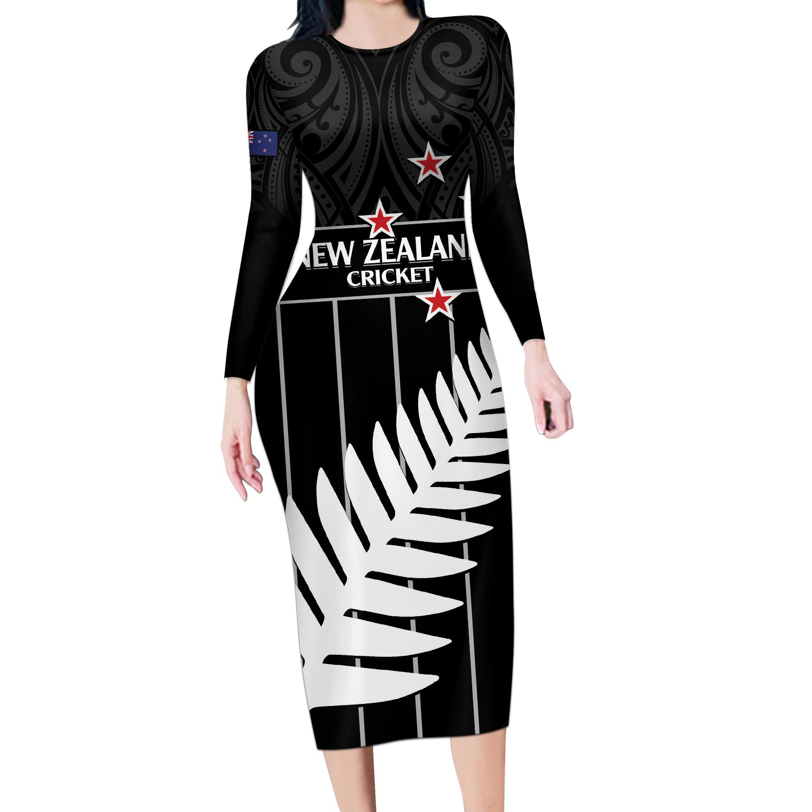 Custom New Zealand Silver Fern Cricket Long Sleeve Bodycon Dress Aotearoa Maori Go Black Cap