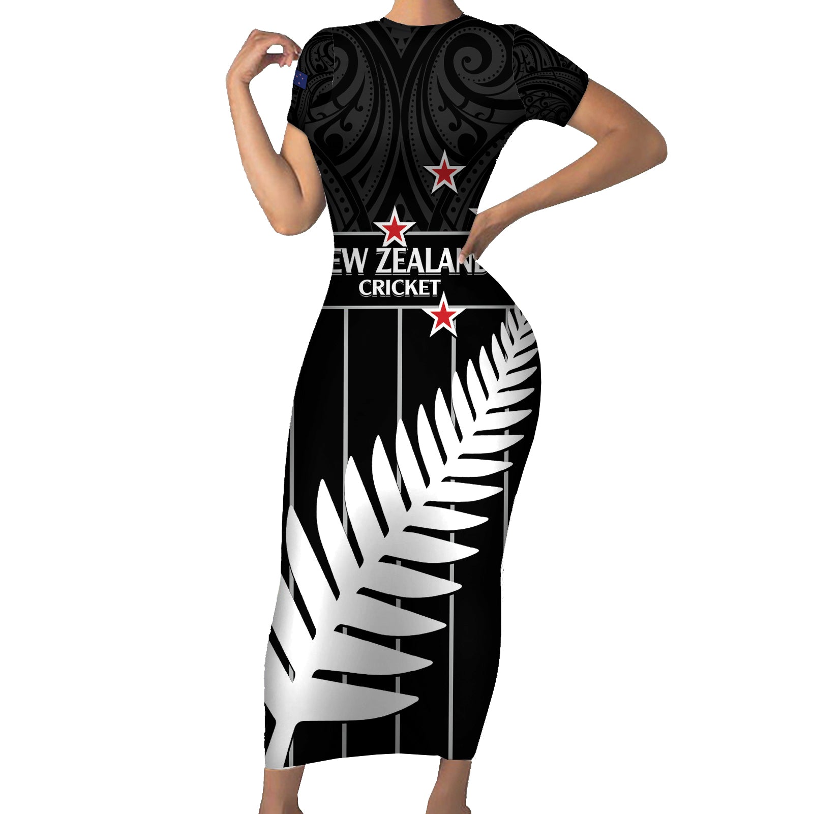 Custom New Zealand Silver Fern Cricket Short Sleeve Bodycon Dress Aotearoa Maori Go Black Cap