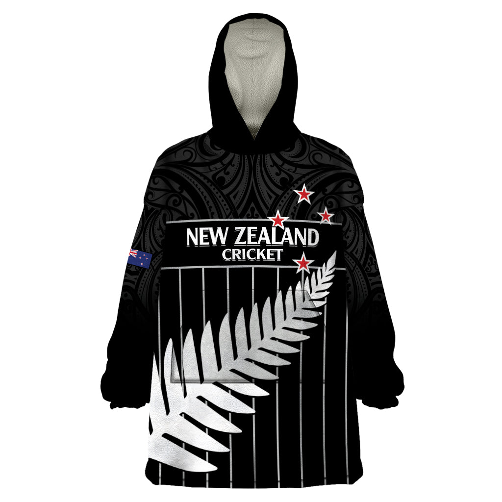 Custom New Zealand Silver Fern Cricket Wearable Blanket Hoodie Aotearoa Maori Go Black Cap LT14 One Size Black - Polynesian Pride