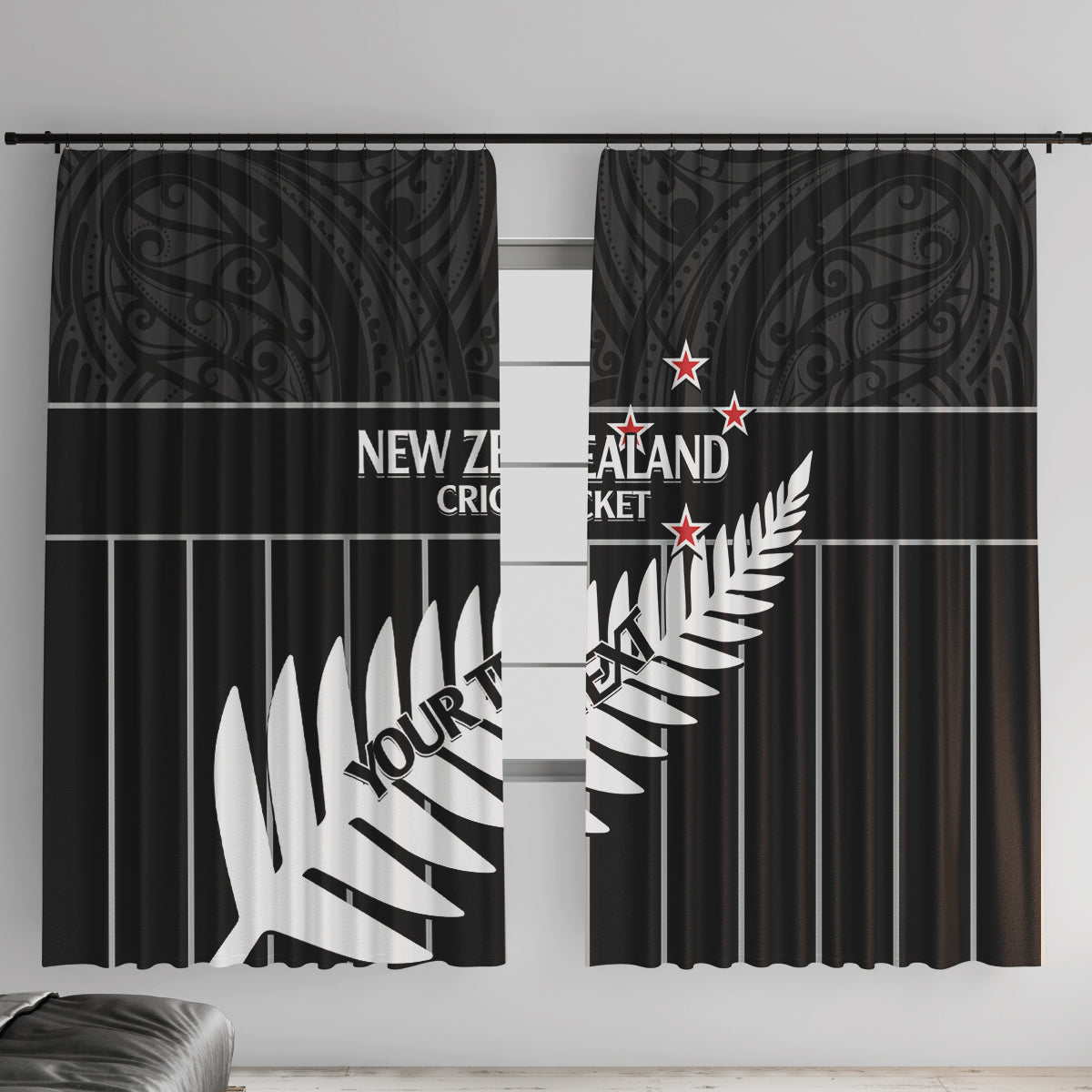 Custom New Zealand Silver Fern Cricket Window Curtain Aotearoa Maori Go Black Cap LT14 With Hooks Black - Polynesian Pride