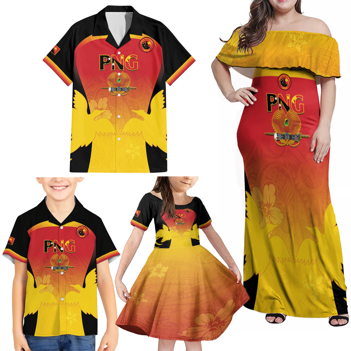 Custom Papua New Guinea Cricket Family Matching Off Shoulder Maxi Dress and Hawaiian Shirt 2024 Go PNG