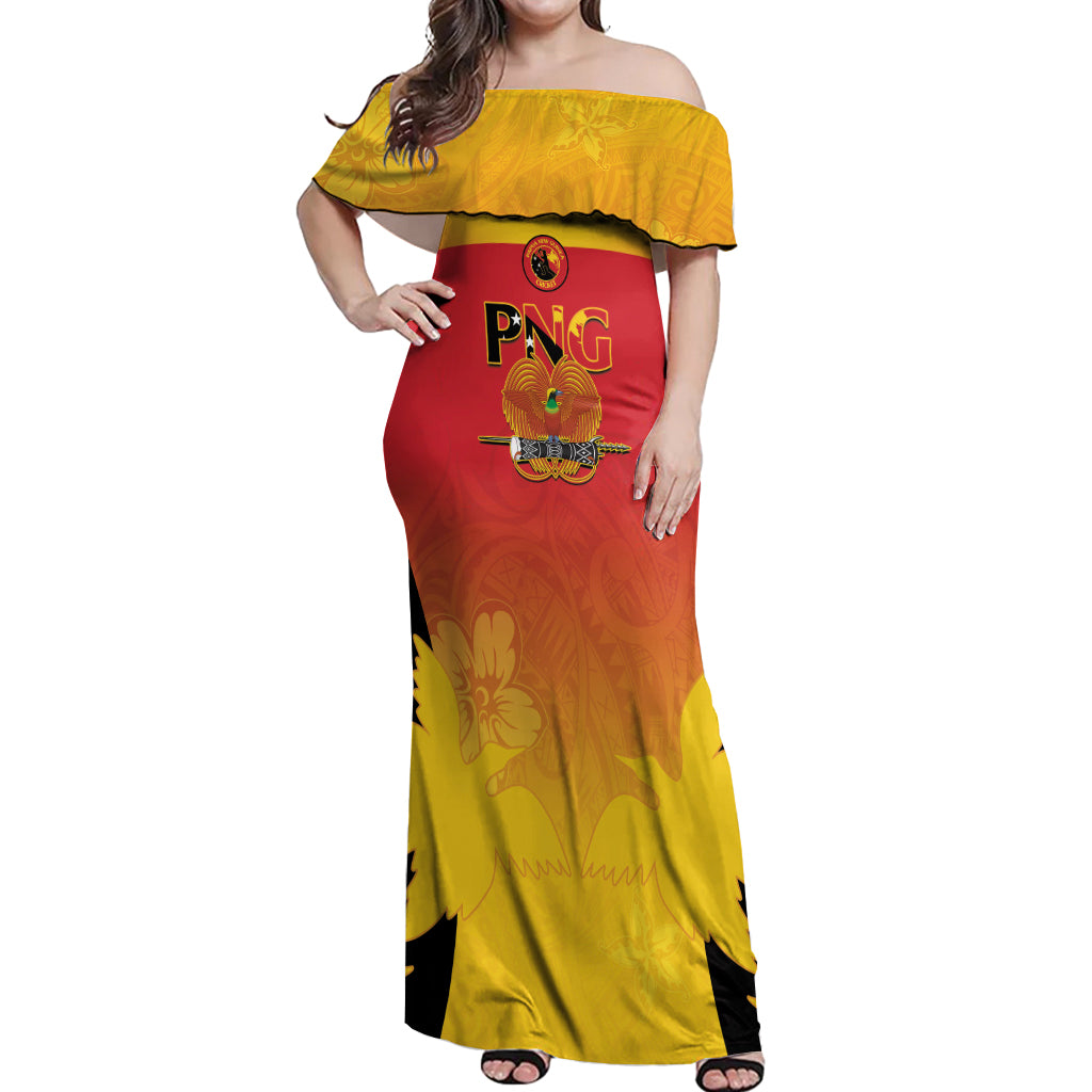 Custom Papua New Guinea Cricket Off Shoulder Maxi Dress 2024 Go PNG LT14 Women Black - Polynesian Pride