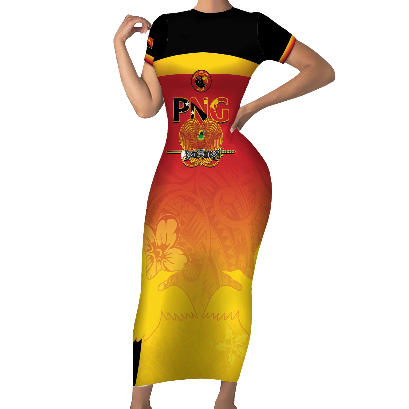 Custom Papua New Guinea Cricket Short Sleeve Bodycon Dress 2024 Go PNG