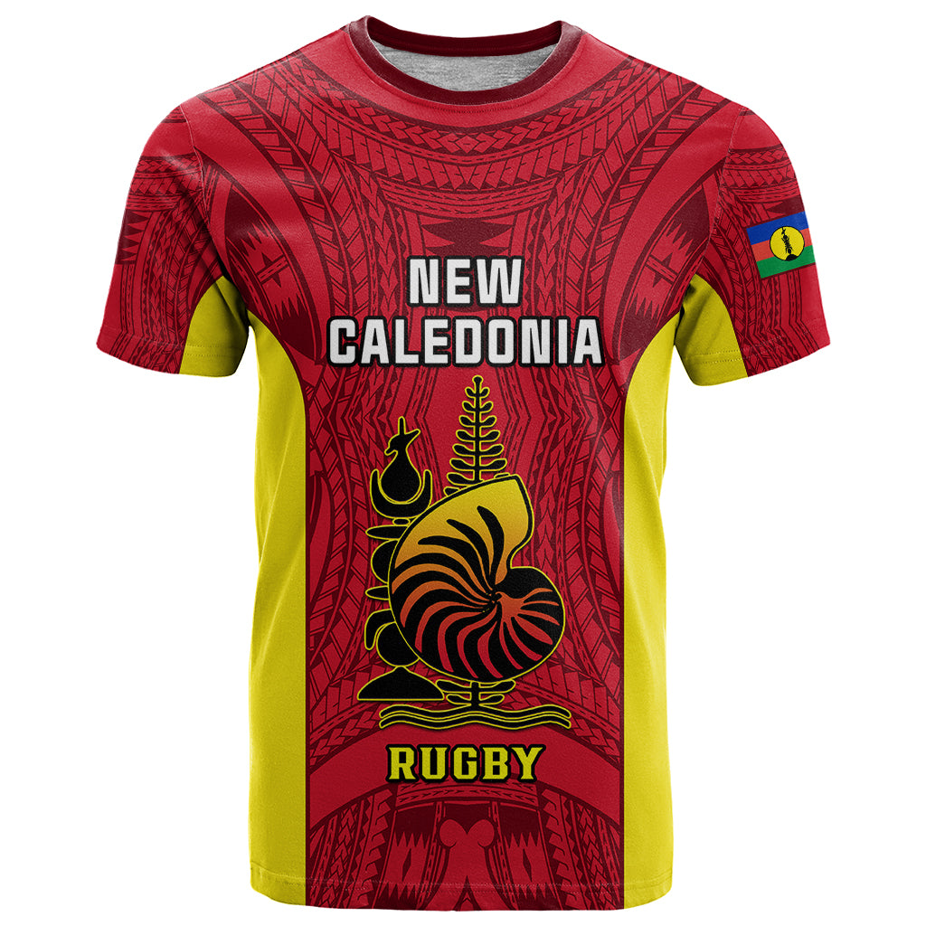 Custom New Caledonia Rugby T Shirt Coat Of Arms Mix Polynesian Pattern LT14 Red - Polynesian Pride