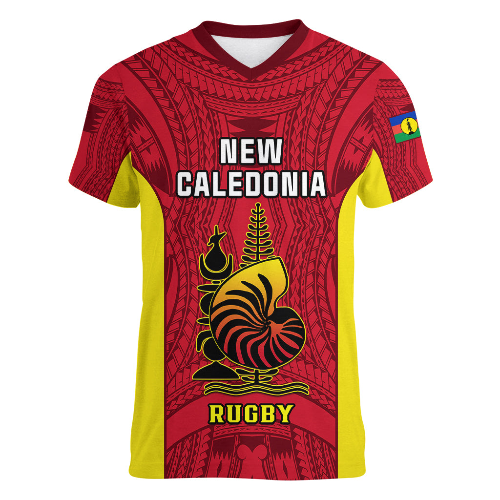 Personalised New Caledonia Rugby Women V Neck T Shirt Coat Of Arms Mix Polynesian Pattern LT14 Female Red - Polynesian Pride