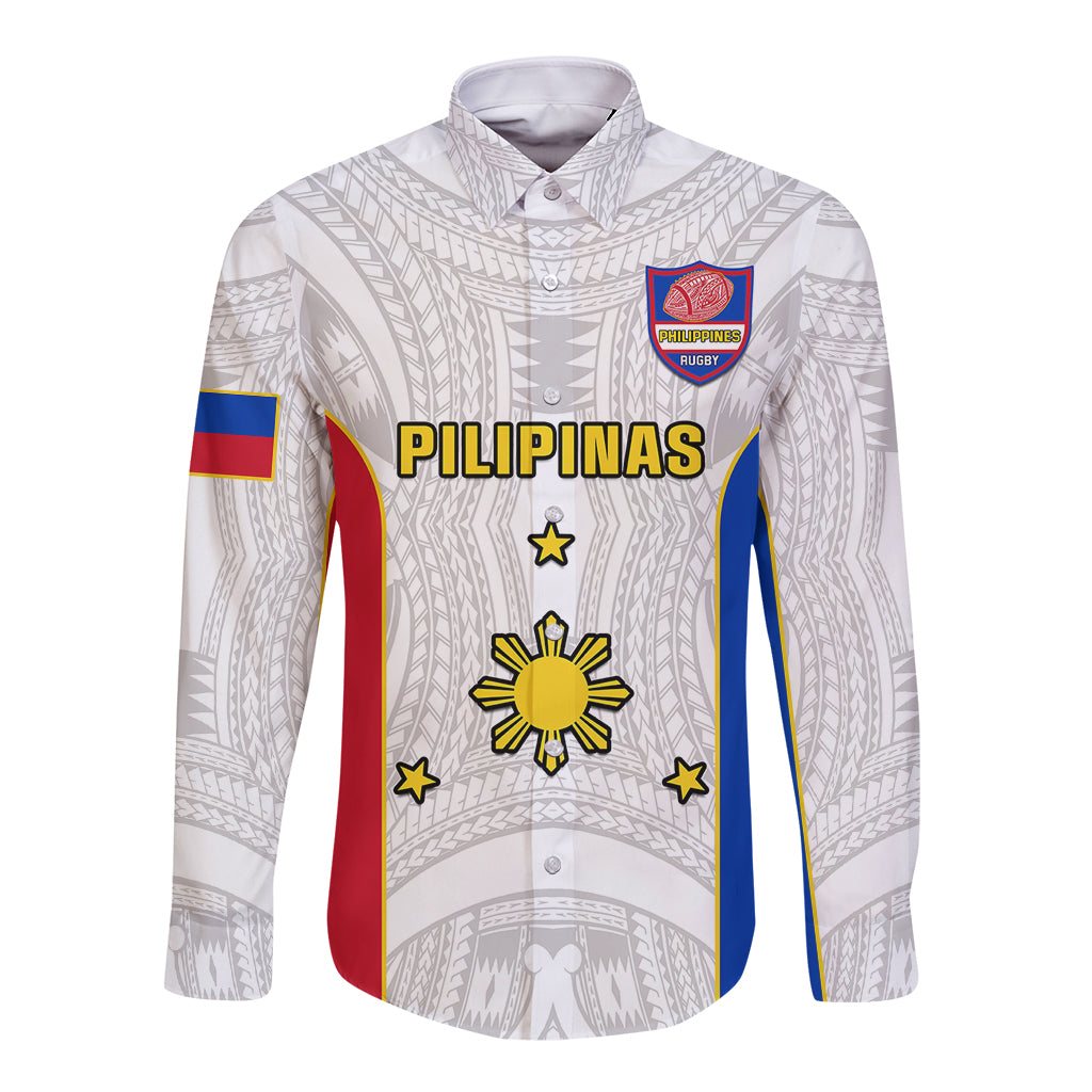 Philippines Rugby Long Sleeve Button Shirt Pacific Pilipinas Go Tamaraws LT14 Unisex White - Polynesian Pride