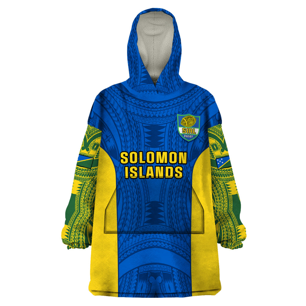 Personalised Solomon Islands Rugby Wearable Blanket Hoodie Pacific Go Solies LT14 One Size Blue - Polynesian Pride