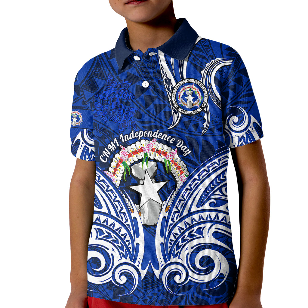 Personalised Independence Day CNMI Kid Polo Shirt Northern Mariana Islands Tribal Tattoo Pattern LT14 Kid Blue - Polynesian Pride