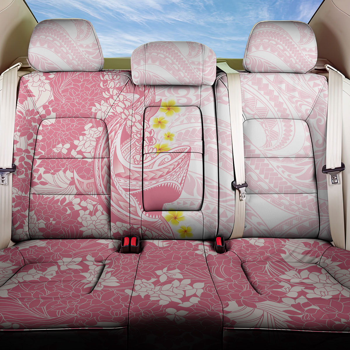 Pink Hawaii Shark Tattoo Back Car Seat Cover Puakenikeni Lei Plumeria Polynesian Pattern